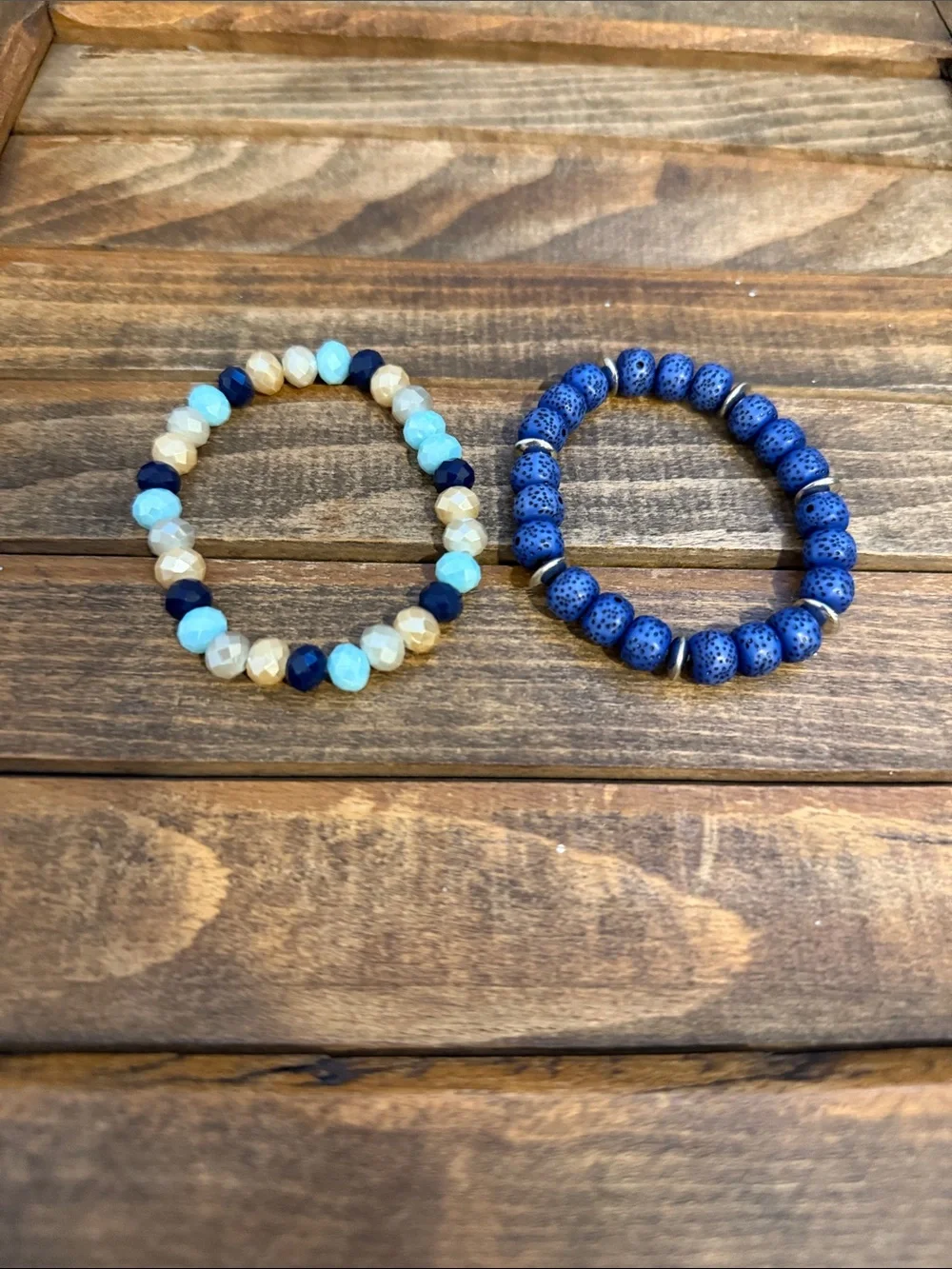 Set of 2 Handmade Blue Beaded Stretch Bracelets – Lava Stone & Faceted Beads